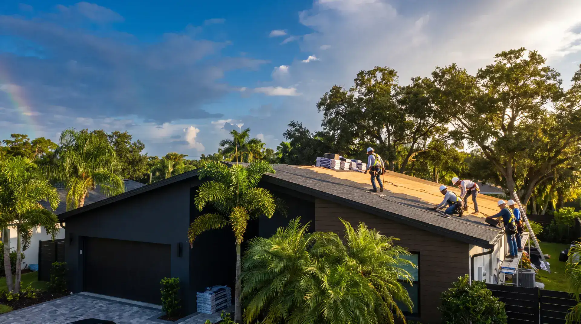 Roofing crew installing a new roof on a Florida home