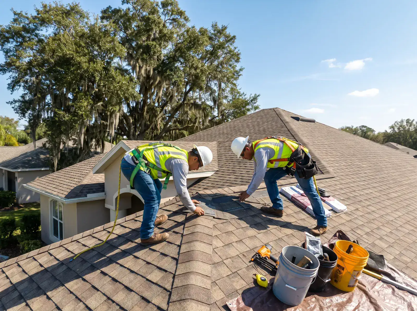 Roofing professionals completing a shingle repair